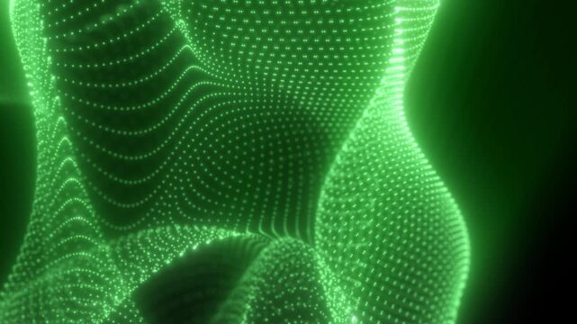 Green flowing wave of tiny glowing particles forming a dynamic digital landscape