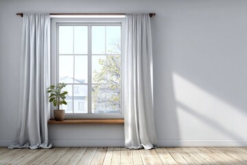 Fototapeta premium Sunlight streams through a window illuminating a simple room with curtains.