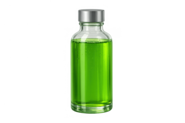 Vial containing green liquid, symbolizing medicine, vaccine, healthcare, or a new drug discovery on a transparent background