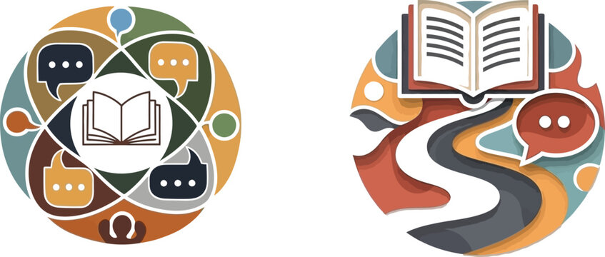 Abstract graphic illustrating interconnected communication bubbles surrounding an open book, symbolizing collaborative learning, knowledge sharing, and community dialogue - Powered by Adobe