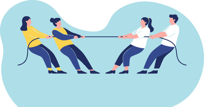 Group of people playing tug of war for team building and corporate competition vector illustration