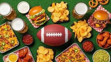 American football game day spread with burgers beer chips and snacks perfect for sports viewing parties and casual gatherings
