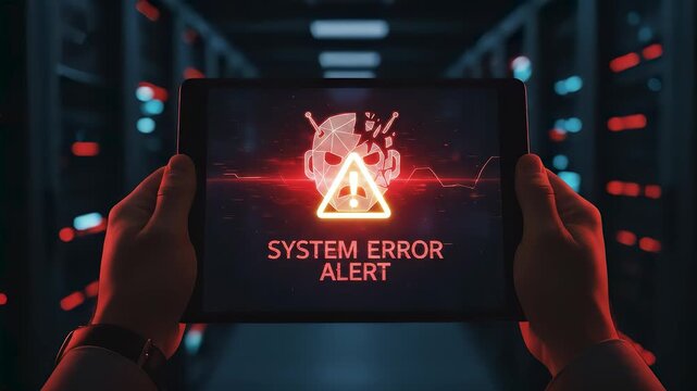 Hands holding tablet displaying AI system error alert with warning symbol inside data center. Cybersecurity threat, software failure, hacking risk, and critical digital infrastructure issue.