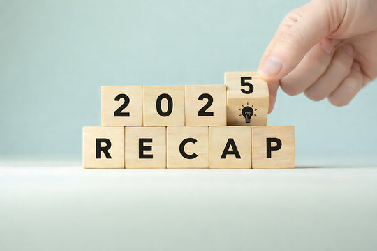 2025 Recap: A hand places a wooden block with the number 5, completing 2025 Recap and highlighting the idea of reflection, summarizing or revisiting past events.