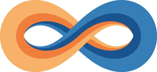 Abstract infinity symbol illustration with orange and blue flowing ribbons creating a seamless loop, representing eternity, continuity, and endless possibilities
