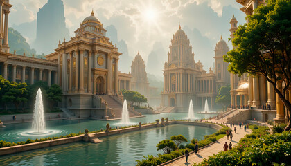 panorama of a futuristic fantasy epic city, palaces and the city of elves