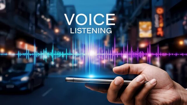 Man hand holding mobile smartphone with digital voice recognition sound wave assistant hologram and smart artificial intelligence speech command listening system communication technology