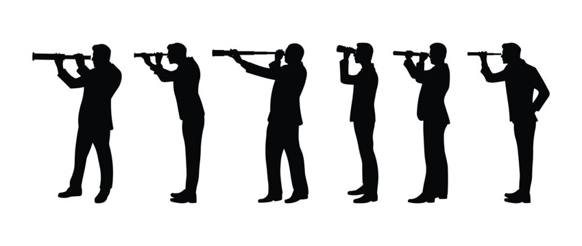 Business people silhouette using telescope symbolizing vision, strategy, and future planning