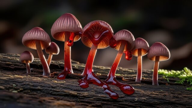 Vibrant red bleeding mushrooms with glowing caps, captured in a detailed macro close-up on a dark forest log, showcasing mysterious guttation and natural beauty.