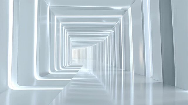 looped Sleek minimalist futuristic corridor with pristine white walls and soft neon lighting, endless perspective toward a luminous endpoint evoking modern sci-fi architecture and clean design