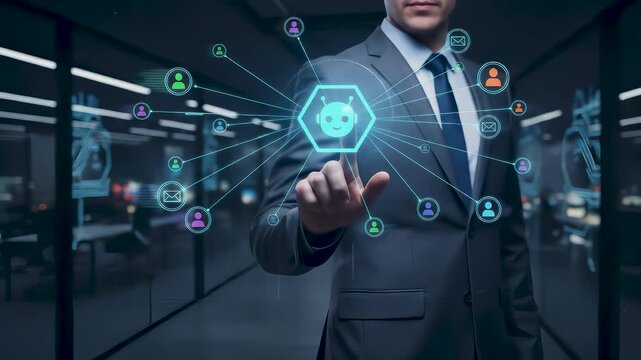 Businessman touching with AI virtual assistant interface, symbolizing automated client service, smart chatbot technology, digital communication, customer support, and futuristic business automation.