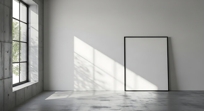 Modern industrial interior with blank frame and sunlight shining through window