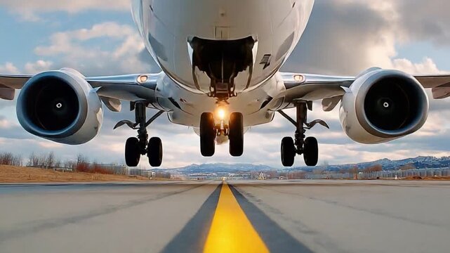 Soaring Above the Ground: A low-angle shot captures the power and grace of an aircraft as it ascends into the sky, its wheels leaving the ground in a moment of triumphant flight. 