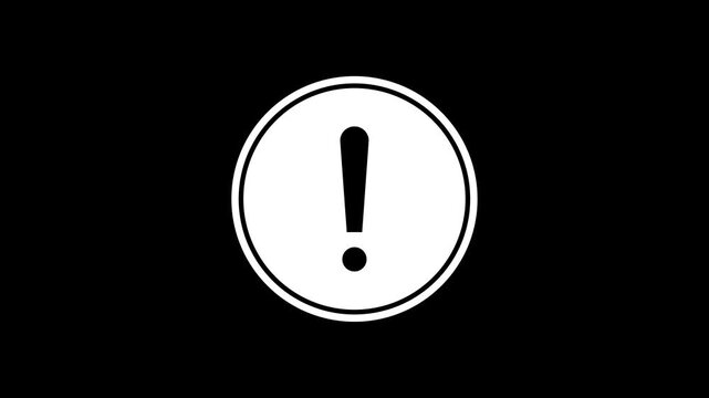 Minimalist white exclamation mark warning sign animation on black background for security alerts system notifications and cinematic legal disclaimer video project openers.
