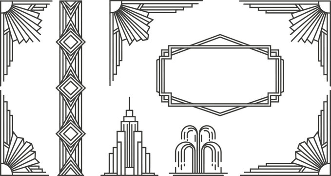 Art deco design elements and border set vector illustration