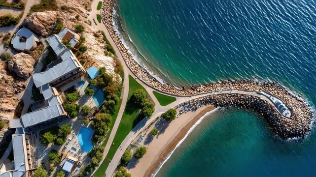 Coastal Architecture: A mesmerizing aerial perspective showcasing a meticulously designed coastal property harmonizing with the natural beauty of the ocean.
