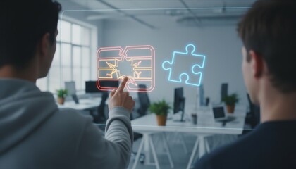 Business professionals connecting large holographic blue puzzle pieces in modern office, visualizing corporate collaboration, strategic partnership, teamwork integration, and solution concept.