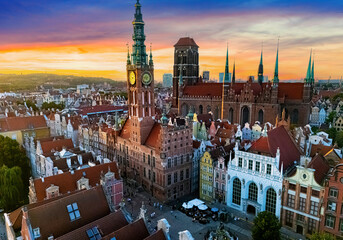 Architecture of old town in Gdansk with Main City Hall, Poland