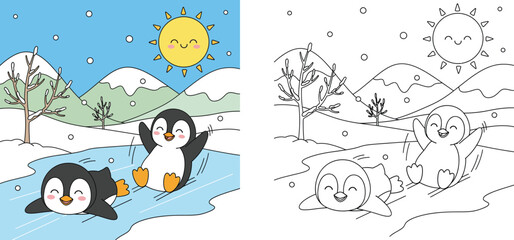 Coloring book page for kids with two cute penguins sliding on ice in winter landscape. Vector illustration of happy animals playing in snow with mountain background and sun. © MMONIR