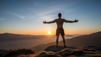 A solitary figure with arms outstretched stands atop a mountain peak silhouetted against a vibrant sunset and misty valleys