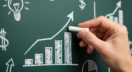 Hand Drawing Chart on Chalkboard with Financial Symbols and Growth Arrows