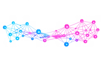 Abstract network connecting blue and pink glowing spheres representing data, science, and digital communication on transparent background