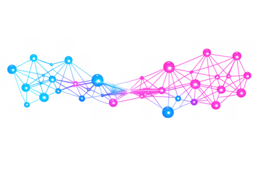 Abstract network connecting blue and pink glowing spheres representing data, science, and digital communication on transparent background - Powered by Adobe
