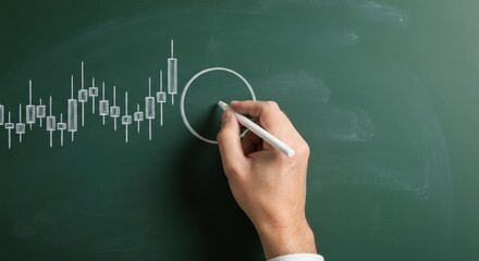Hand Writing Financial Graph on Chalkboard with Chalk and Candle Stick Chart
