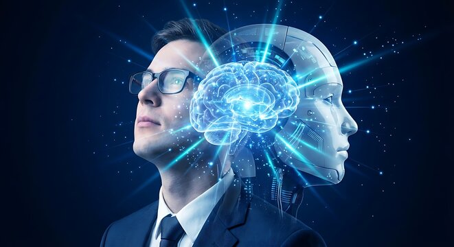 Businessman with futuristic AI brain technology integration - Powered by Adobe