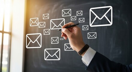 Hand Drawing Email Icons on Black Chalkboard Background in Modern Office Setting