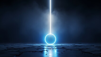 a bright blue light beam rises from a glowing ring on cracked ground in a dark mysterious environment with fog
