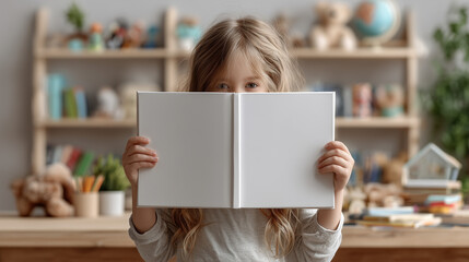 Mockup image on neutral background Girl Child's hands hold open book with blank pages for childhood education reading concept in nursery room