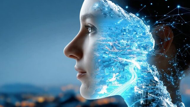Digital Transformation: A conceptual portrayal of digital integration, showcasing a woman's silhouette merging with intricate digital networks, symbolizing the evolution of human connection.