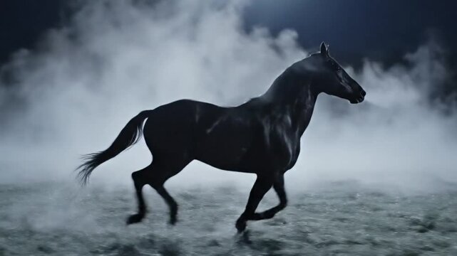 Graceful Silhouette of a Black Horse Galloping Energetically Through Misty Wilderness at Night