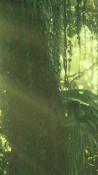 Ancient tree trunk bathed in green light, detailed bark texture, moss and lichen layers, closeup study mood for botanical research, age and growth visual