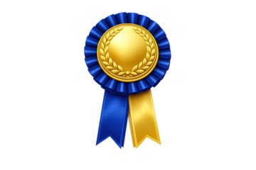 Blue rosette ribbon with golden medal and laurel wreath, representing first place victory, achievement, and success
