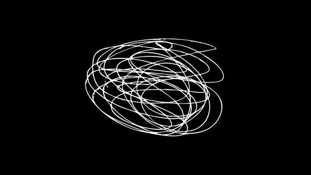 Abstract white tangled line drawing animation on black background showing a messy circular scribble for creative brainstorming complexity and artistic video projects.

