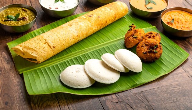 South Indian Breakfast - Dosa, Idli, Vada, and Sambar on Banana Leaf.