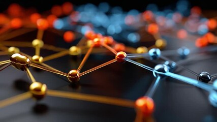 Connected Nodes: An intricate network of shimmering spheres and interconnecting lines, representing complex data flows, is rendered in striking hues of gold, orange, and blue.  - Powered by Adobe