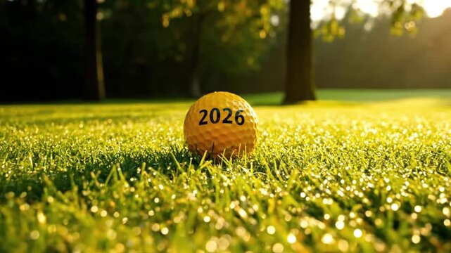 A vibrant, close-up shot of a yellow dimpled ball resting on dewy, sun-kissed green grass. The number "2026" is prominently displayed on the ball, symbolizing future goals, upcoming annual events, or 
