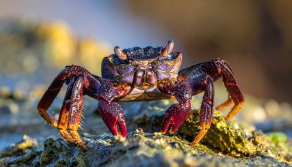 Fototapeta premium Close-up Macro Shot of a Red Crab on a Rocky Shore.