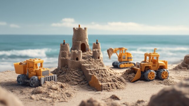 Colorful Toy Construction Machines Building a Sandcastle on Ocean Shoreline with Calm Water Background - Powered by Adobe