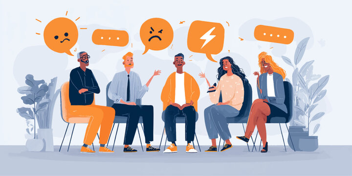 Group of diverse people expressing different emotions in a meeting