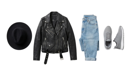 Black leather jacket, jeans, hat, sneakers outfit flat lay, casual fashion style