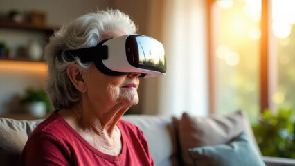Elderly European woman wearing modern VR glasses in living room. Seniors embracing technology, virtual reality for older adults at home