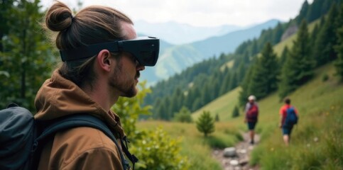 European male traveler wearing VR glasses in natural setting. Virtual reality experience combined with outdoor travel and exploration