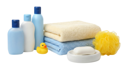 Baby Bath Time Essentials: Rubber Duck, Soap, Towels, and Lotions