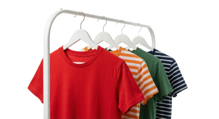 Row of colorful t-shirts hanging on a rack, fashion and apparel concept