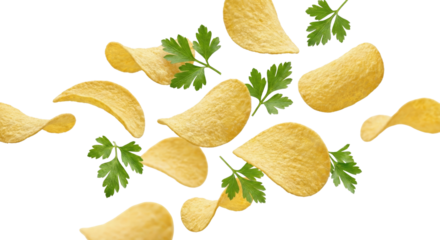 Potato Chips with Parsley Scattered on White Background