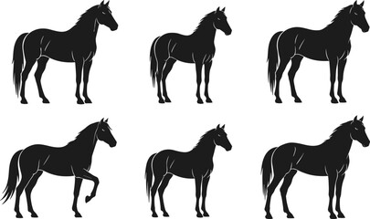 Horse silhouettes collection, black stallion standing poses, wild farm animal figures, elegant mammal illustration vector icons set
